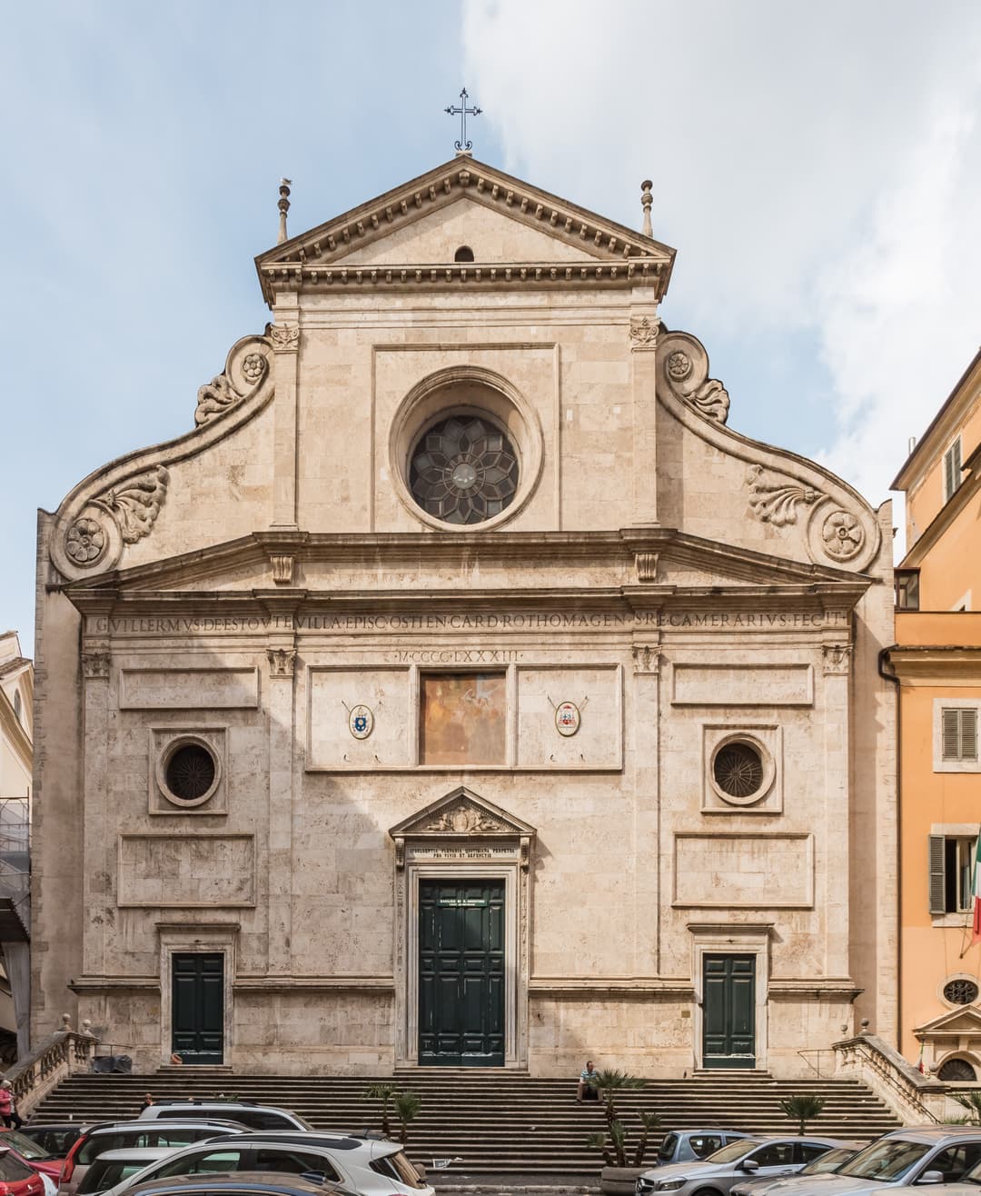 Front view of the Renaissance travertine façade and entrance steps