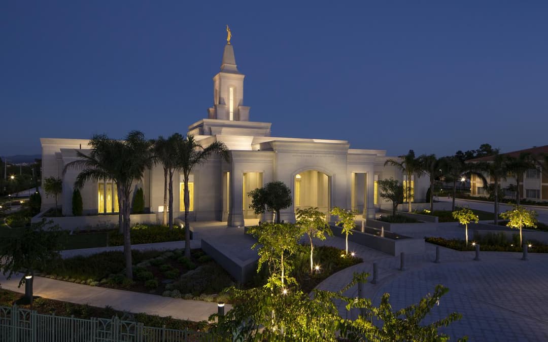 Elevated wide-angle view of the Córdoba Argentina Temple at twilight.