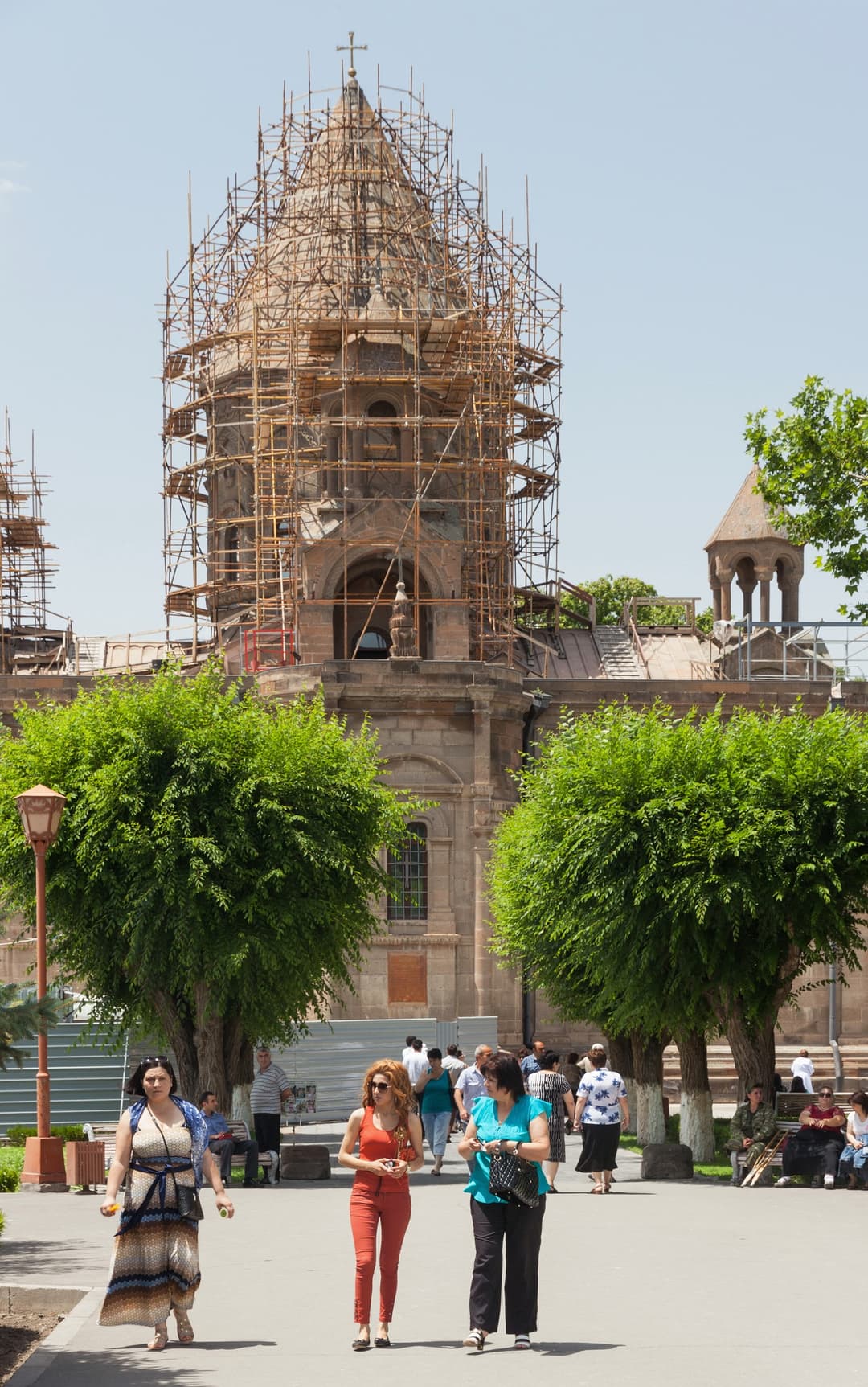 Exterior view of Etchmiadzin Cathedral, showcasing its ancient architecture.