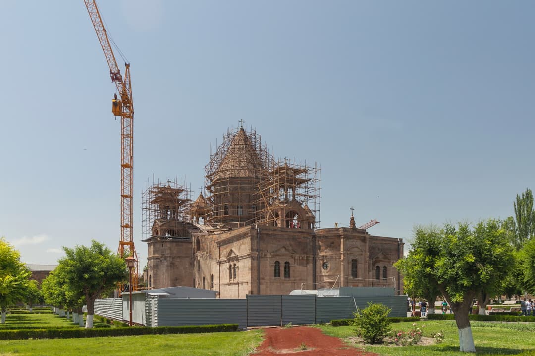 A view of the cathedral's dome, featuring a typically Armenian conical roof.
