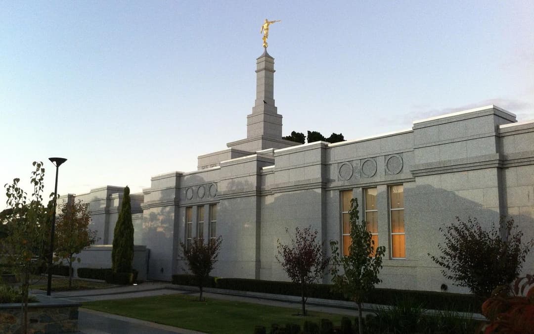 Perth Australia Temple exterior, daytime, Angel Moroni on spire.