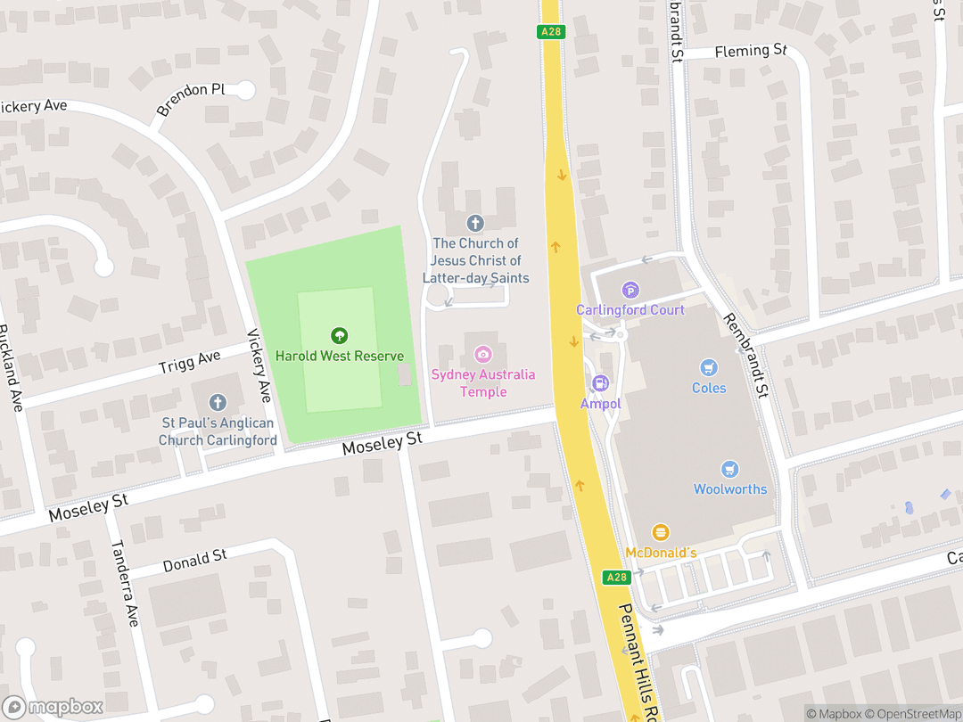 Map showing Sydney Australia Temple and surrounding area