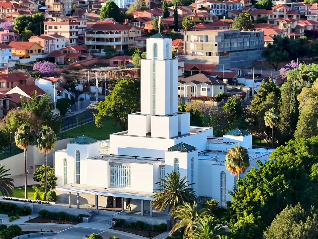 Elevated late afternoon view of the Cochabamba Bolivia Temple and its spire.