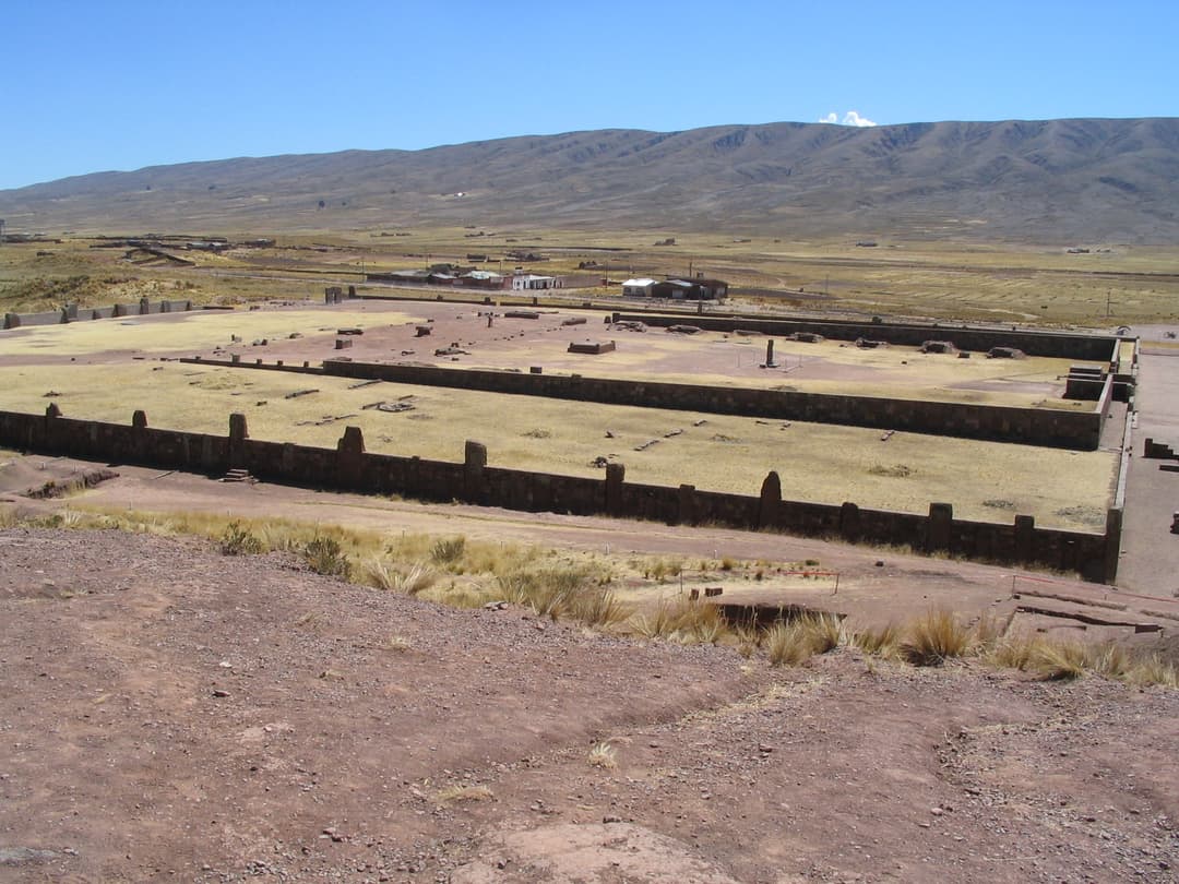 Elevated view of the Kalasasaya temple complex from the Akapana pyramid.