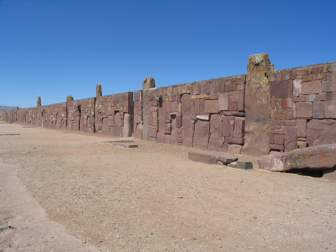 Angled exterior view of the megalithic Kalasasaya wall at Tiwanaku.