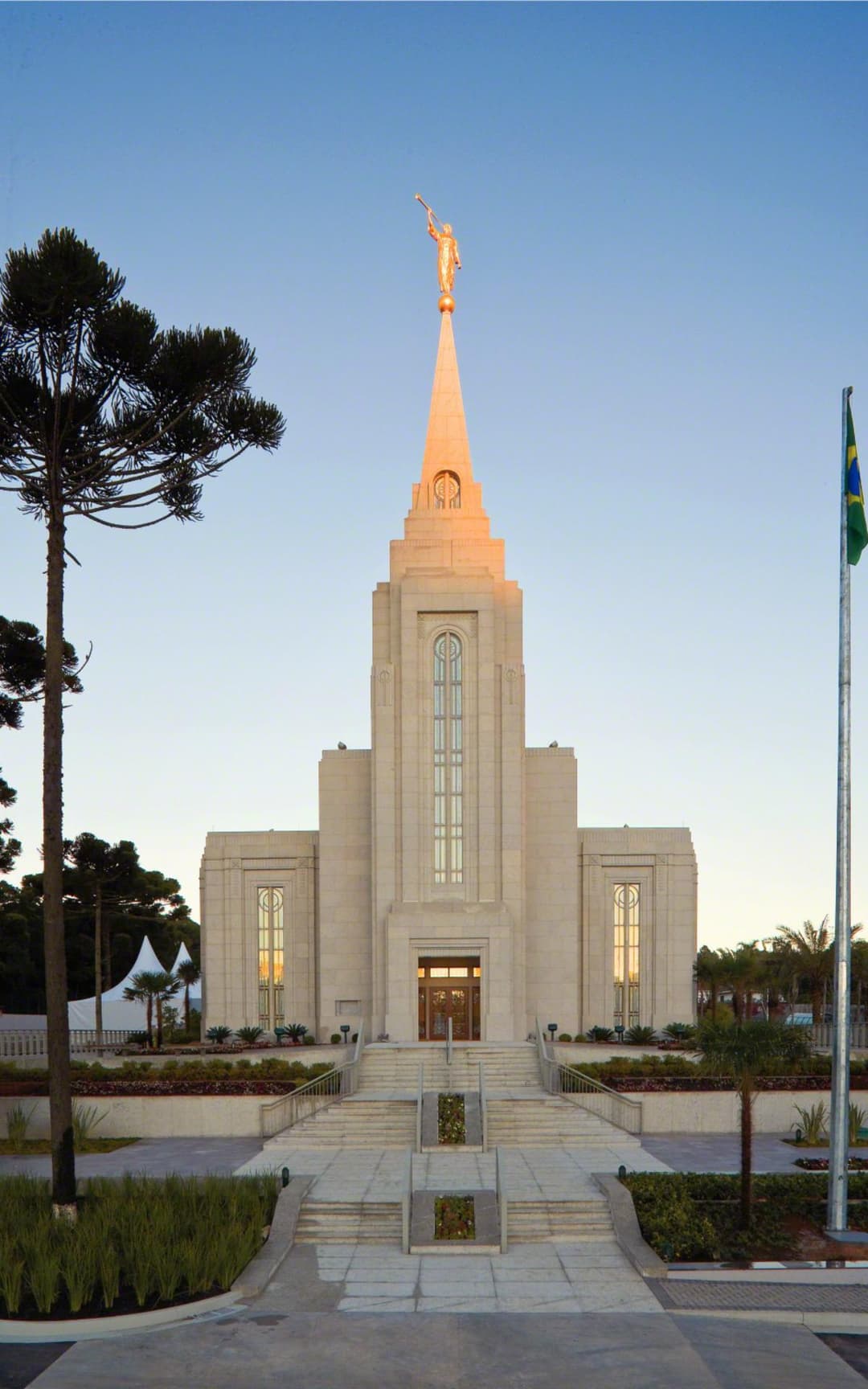 Symmetrical front view of the Curitiba Brazil Temple at sunset.
