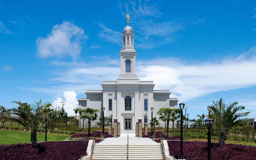 Fortaleza Brazil Temple front entrance, domed steeple, and gardens.
