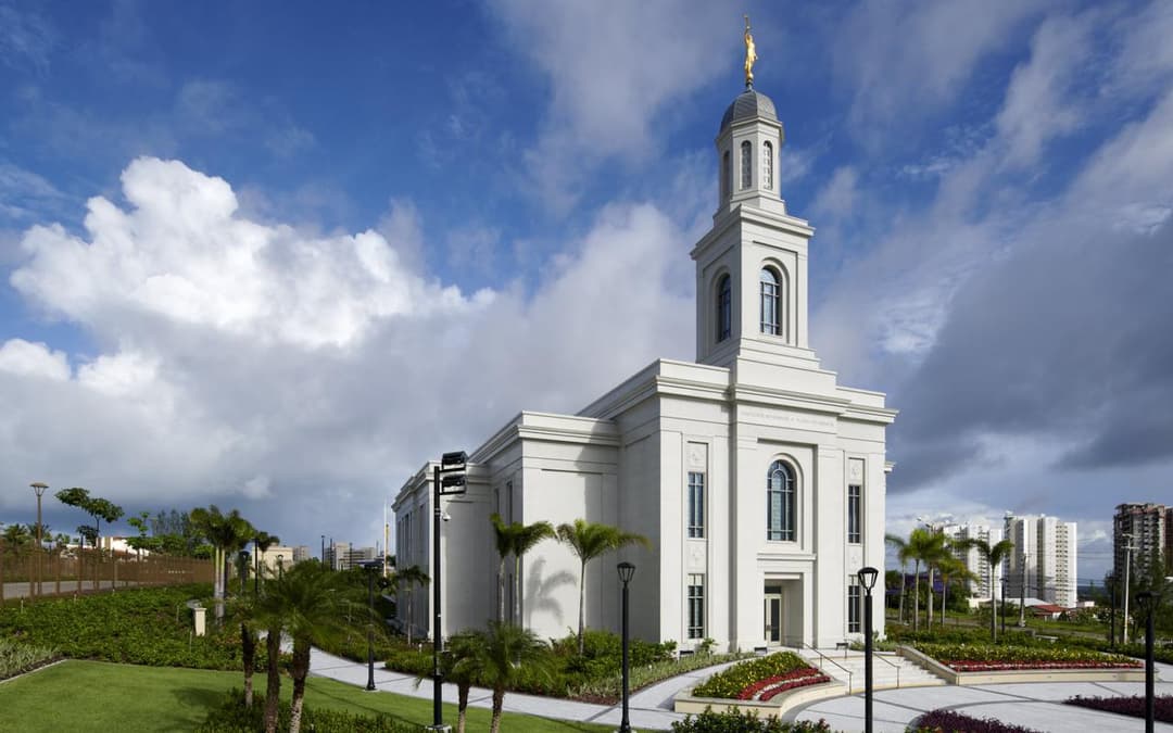 Fortaleza Brazil Temple exterior, wide angle, gardens, golden Angel Moroni.