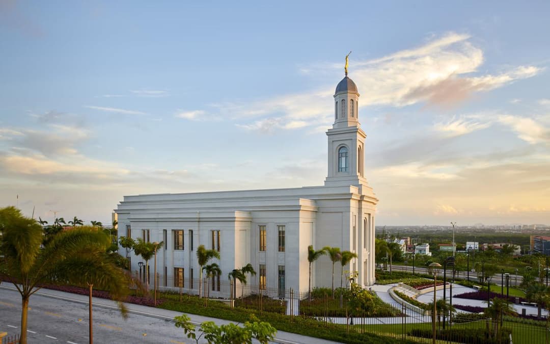 Fortaleza Brazil Temple exterior at golden hour, with domed steeple and gardens.