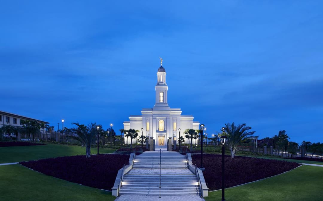 Fortaleza Brazil Temple at twilight, front view with grand staircase and gardens.