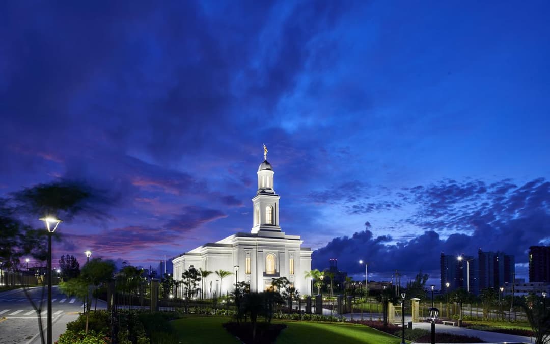 Fortaleza Brazil Temple at dusk, illuminated, with its domed steeple.