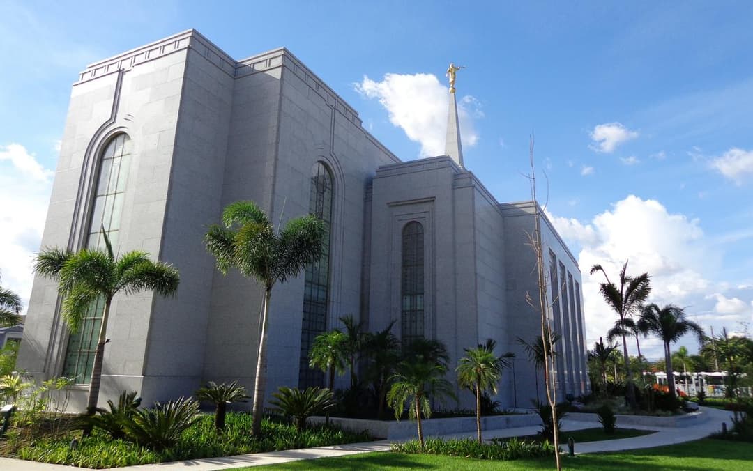 Manaus Brazil Temple exterior, Angel Moroni, tropical gardens, daytime.