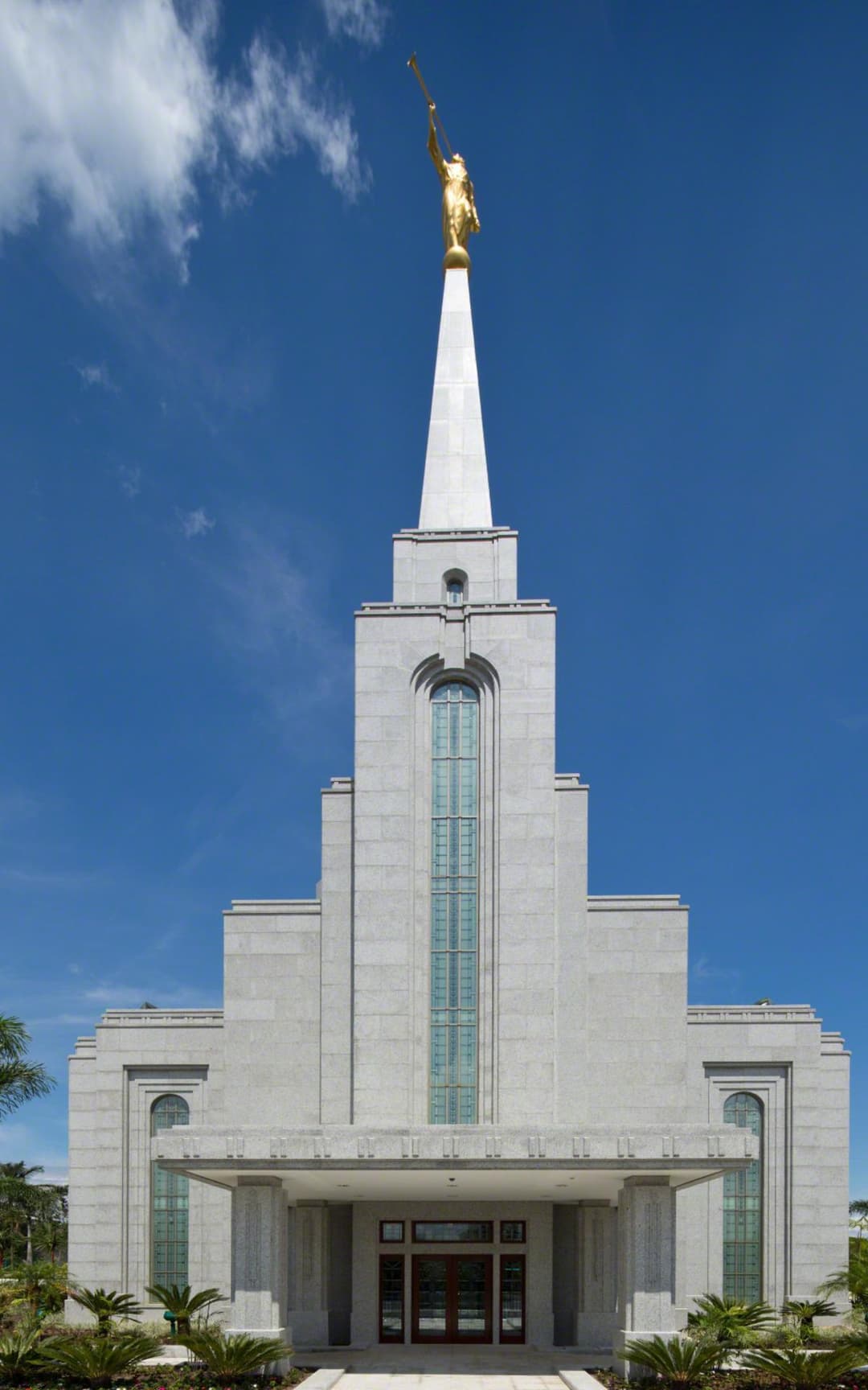 Full front view of Manaus Brazil Temple with golden Angel Moroni.