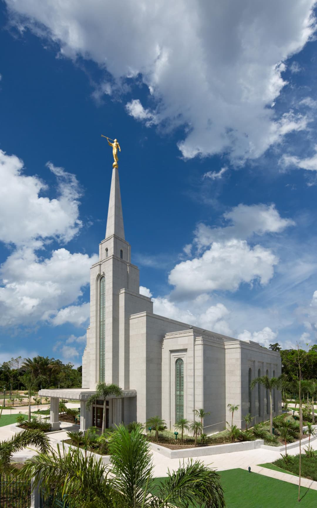 Manaus Brazil Temple exterior, Angel Moroni, tropical grounds.