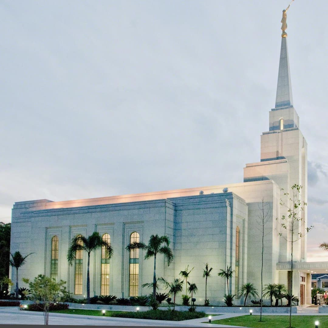 Manaus Brazil Temple exterior at twilight, with spire