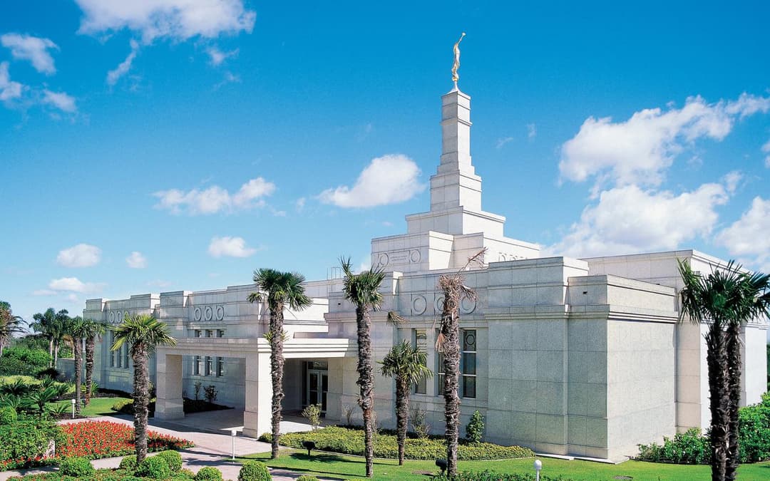 Wide exterior view of the Porto Alegre Brazil Temple and landscaped grounds.