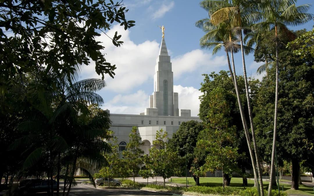 The Recife Brazil Temple spire framed by lush tropical foliage and palm trees.