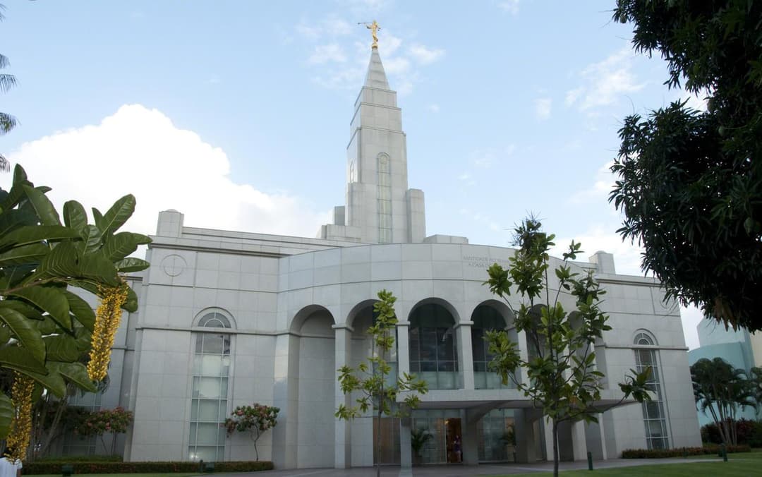 Front exterior view of the Recife Brazil Temple and its central spire.