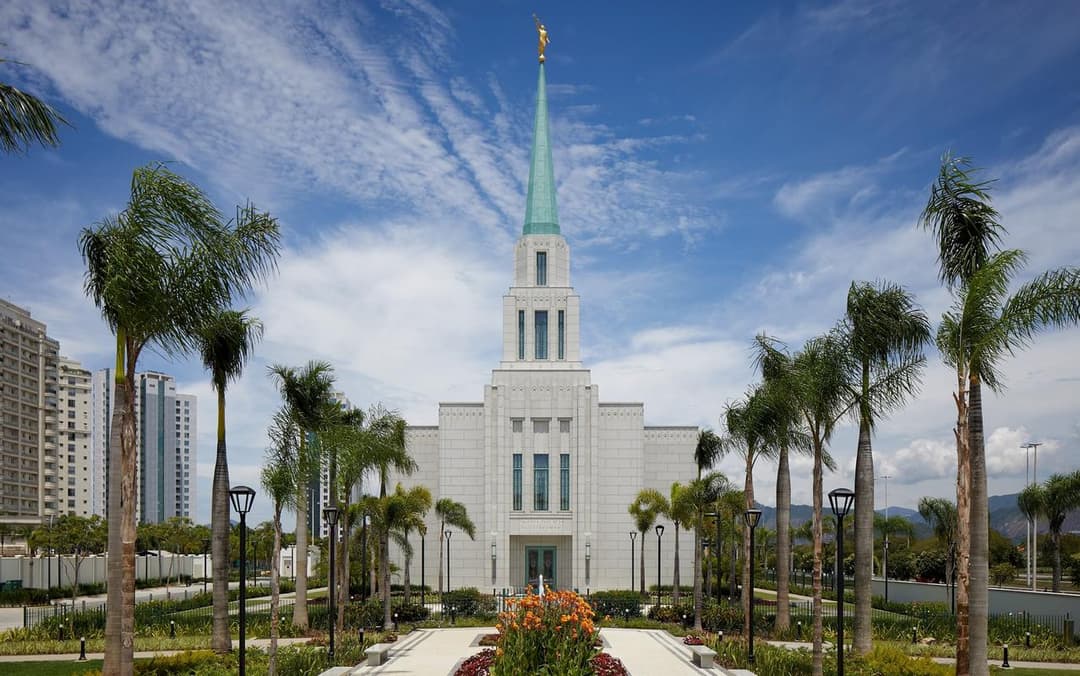 Front view of the Rio de Janeiro Brazil Temple and landscaped grounds.