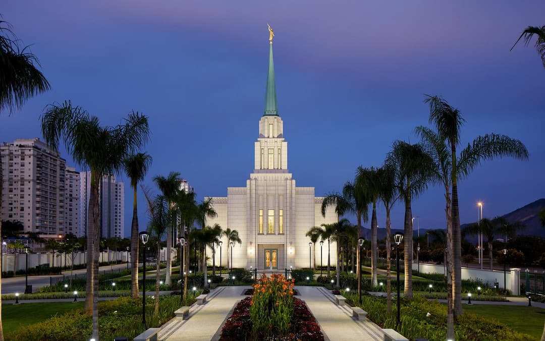 Front view of the illuminated Rio de Janeiro Brazil Temple at twilight.