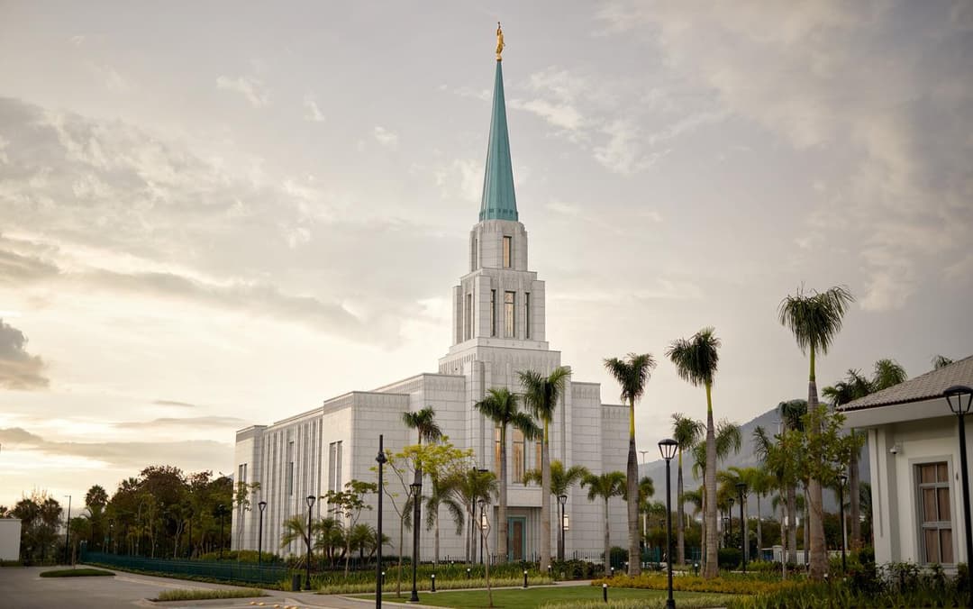 Exterior view of the Rio de Janeiro Brazil Temple and spire at twilight.
