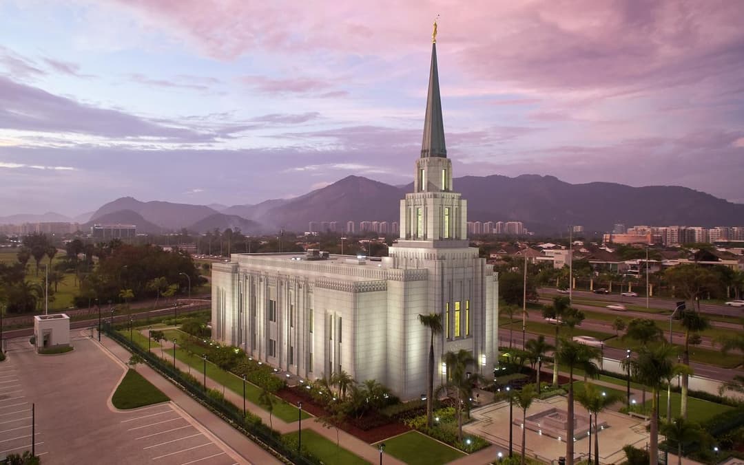 Elevated view of the Rio de Janeiro Brazil Temple and spire at twilight.
