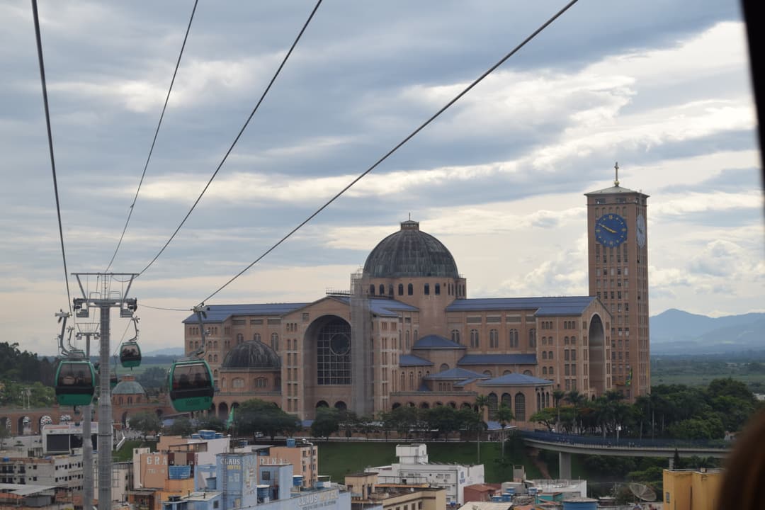 View of the Basilica of Aparecida and its clock tower from a cable car.