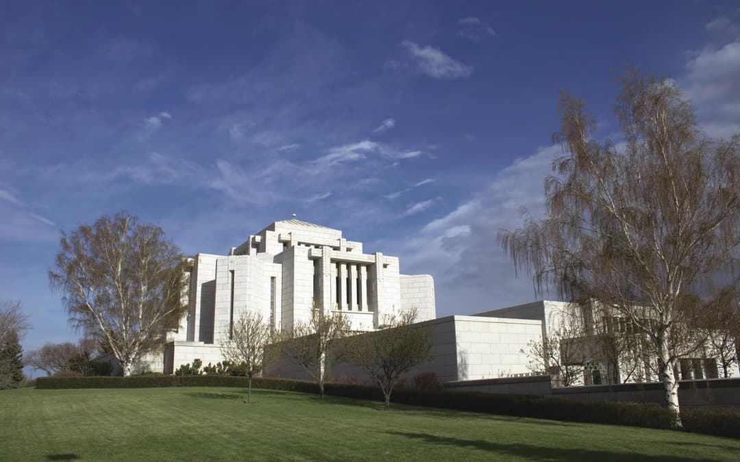 Cardston Alberta Temple, daytime exterior view from the grounds.