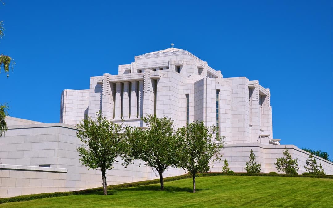 Cardston Alberta Temple, daytime exterior view from the grounds.