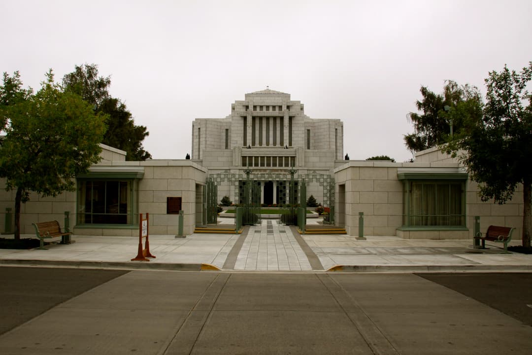 Cardston Alberta Temple, front entrance on a sunny day.