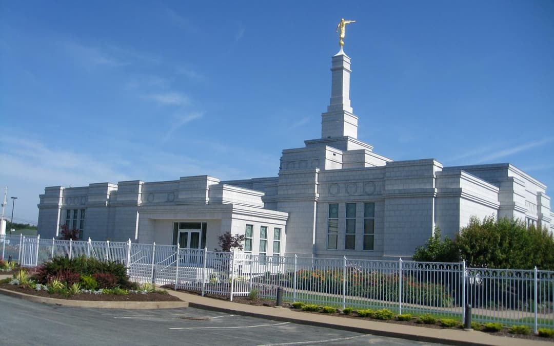 Daytime wide-angle exterior of Halifax Nova Scotia Temple with Angel Moroni.