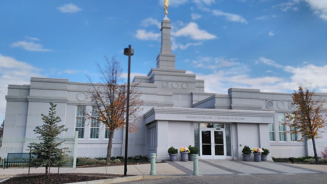 Front entrance and single spire of the Regina Saskatchewan Temple.