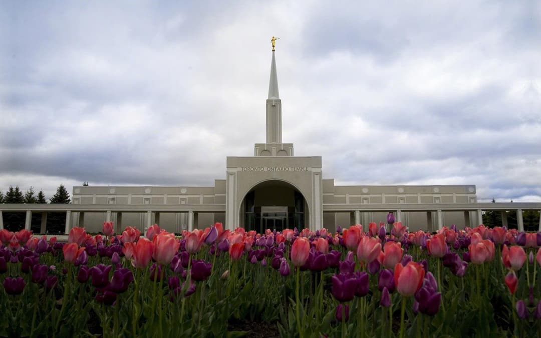 Exterior view of the Toronto Ontario Temple during the day.