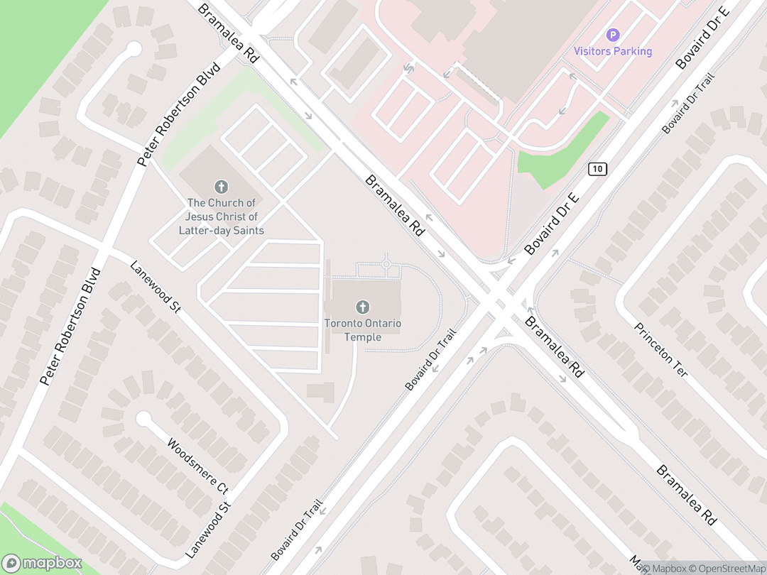 Map showing Toronto Ontario Temple and surrounding area
