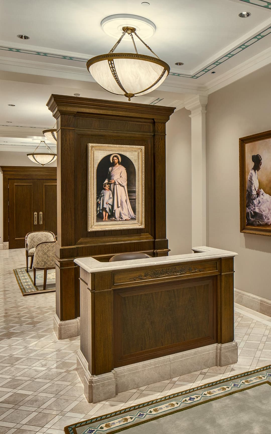 Interior view of the temple lobby and reception desk.