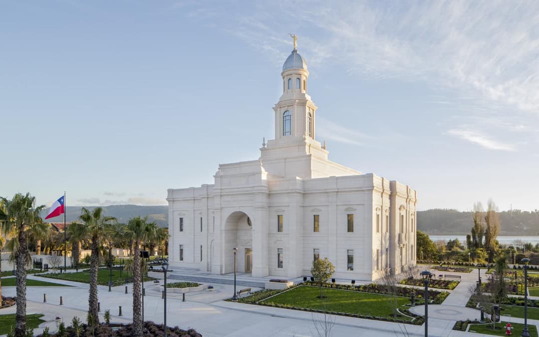 Exterior of the Concepción Chile Temple and grounds in late afternoon light.