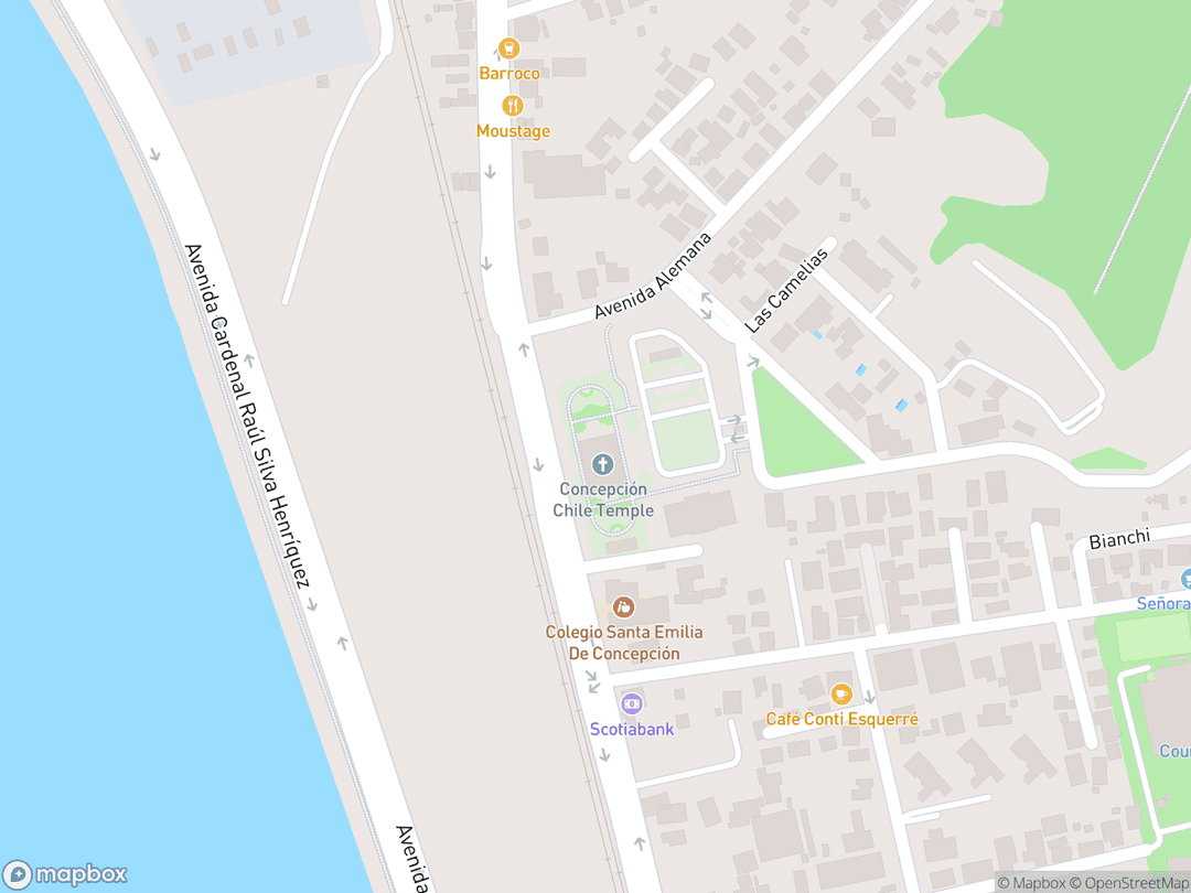 Map showing Concepción Chile Temple and surrounding area