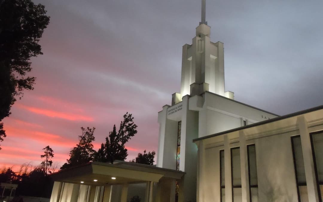 Santiago Chile Temple exterior at twilight.