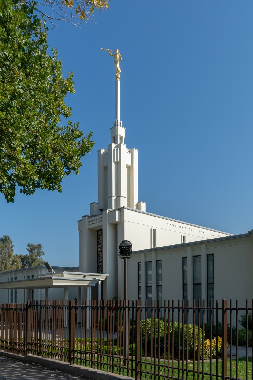 Santiago Chile Temple exterior, daytime view of front and Moroni statue.