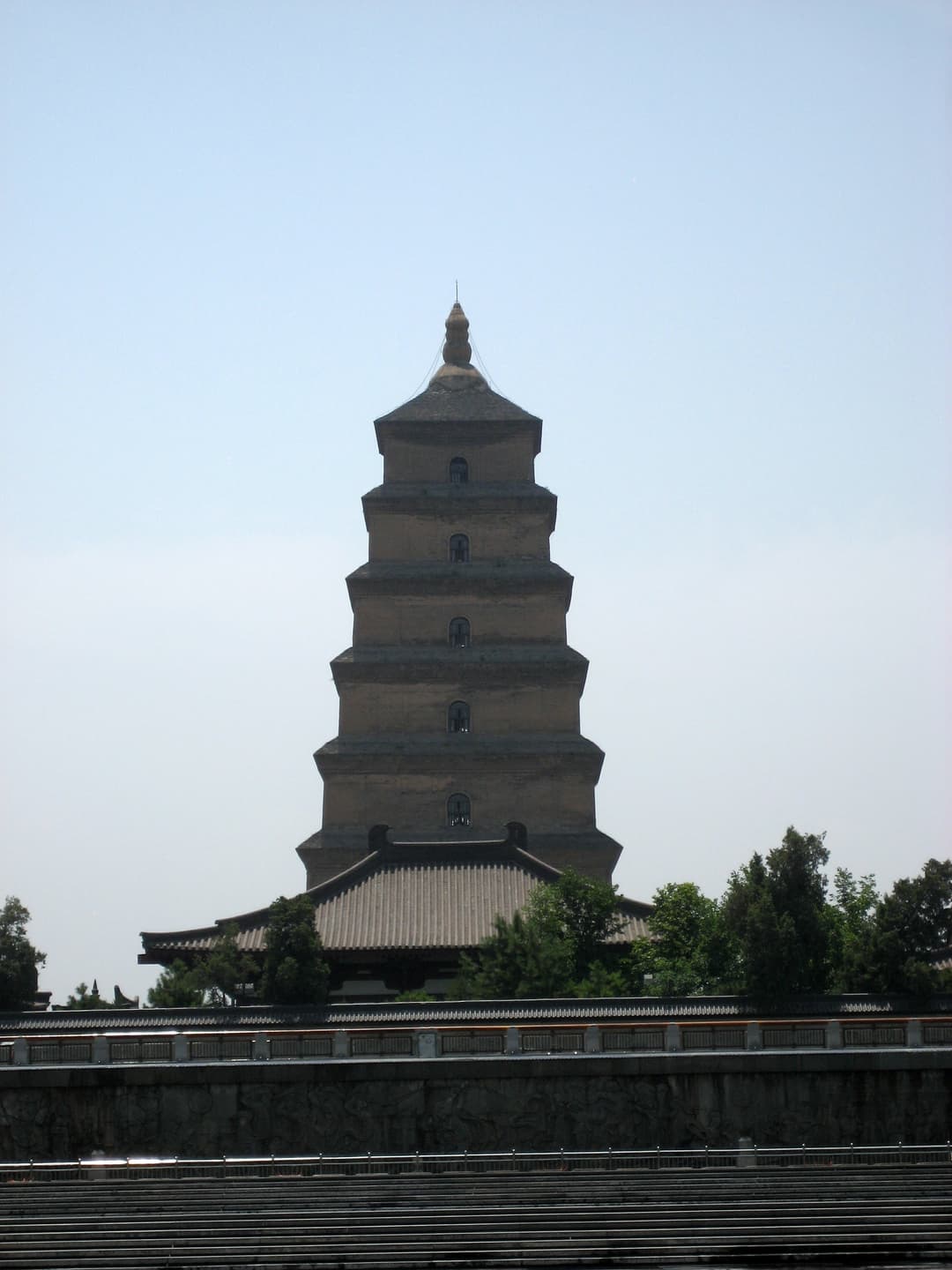 Frontal view of the Giant Wild Goose Pagoda from the North Square steps.
