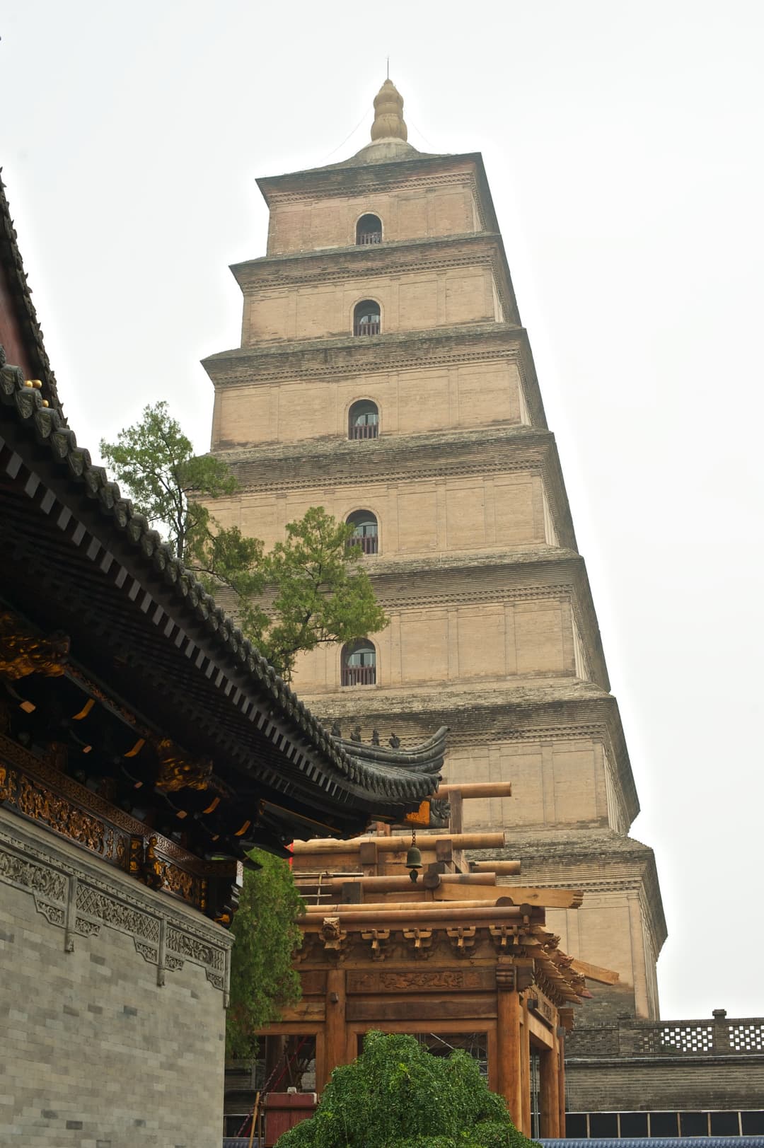 Low-angle view of the Giant Wild Goose Pagoda and temple eaves