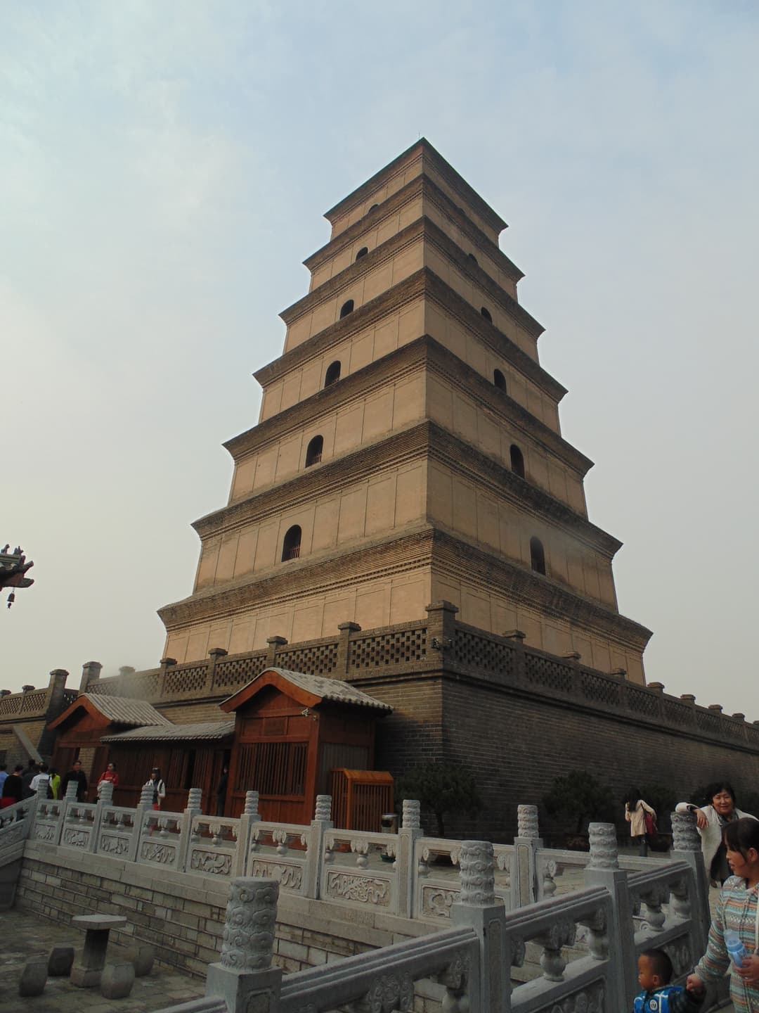Low-angle corner view of the Giant Wild Goose Pagoda from the terrace