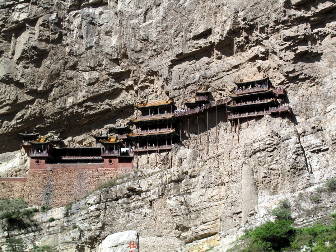 Exterior view of the cliffside timber pavilions of the Hanging Temple