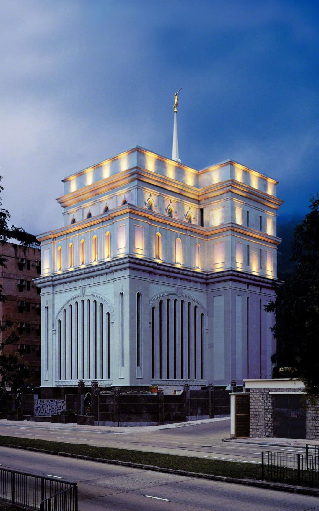 The temple's architecture blends with the surrounding urban landscape.