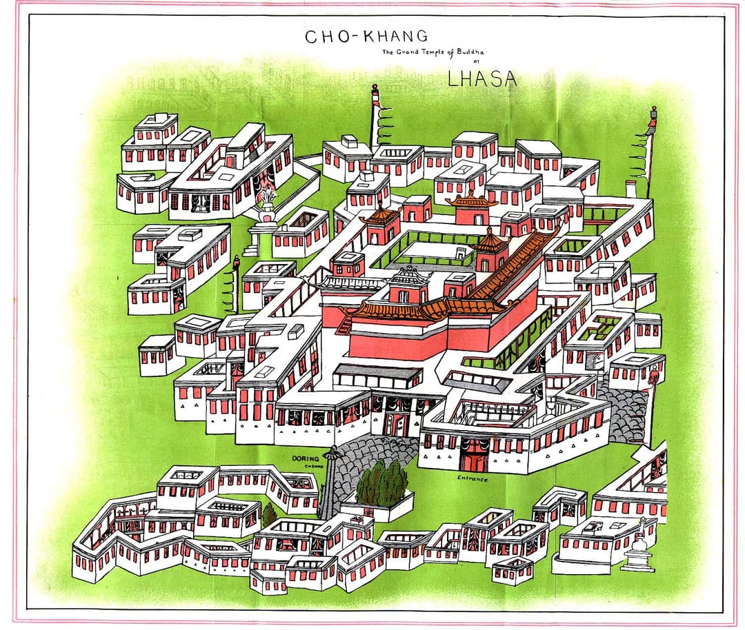 Isometric pictorial map of the Jokhang Temple complex in Lhasa.
