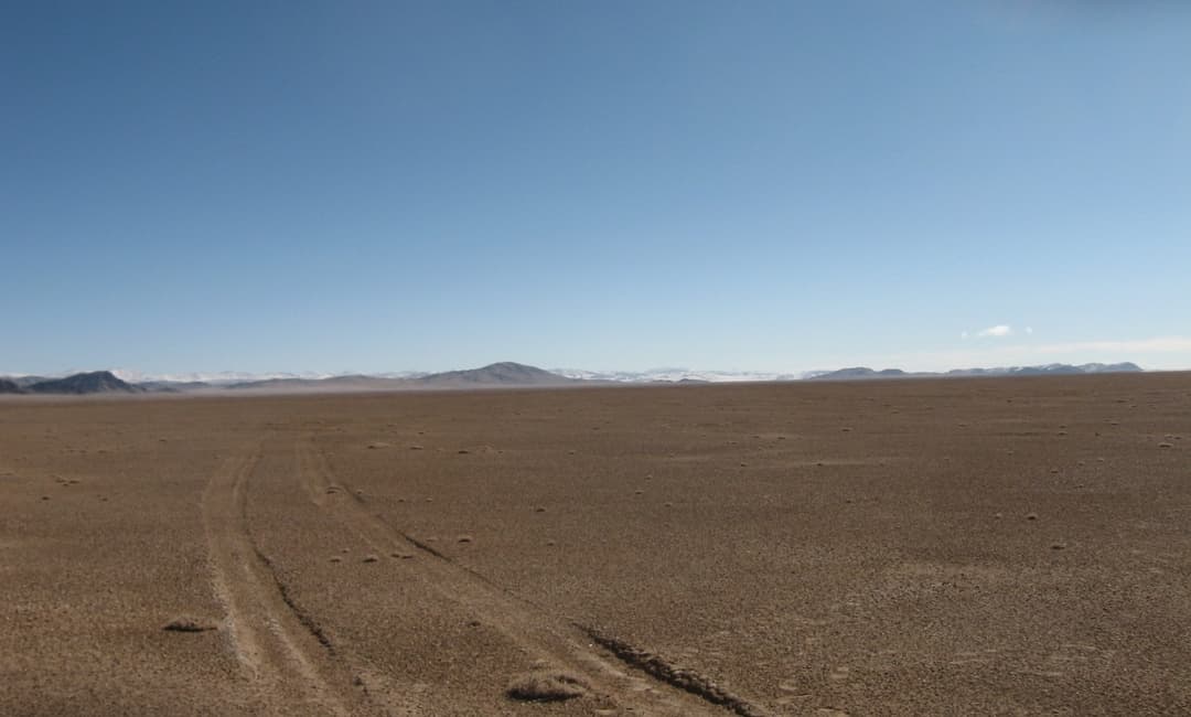 Wide-angle view across an arid plain toward distant snow-capped mountains.