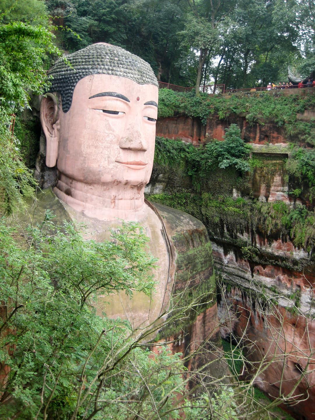Elevated view of the rock-cut Leshan Giant Buddha's head and upper torso.