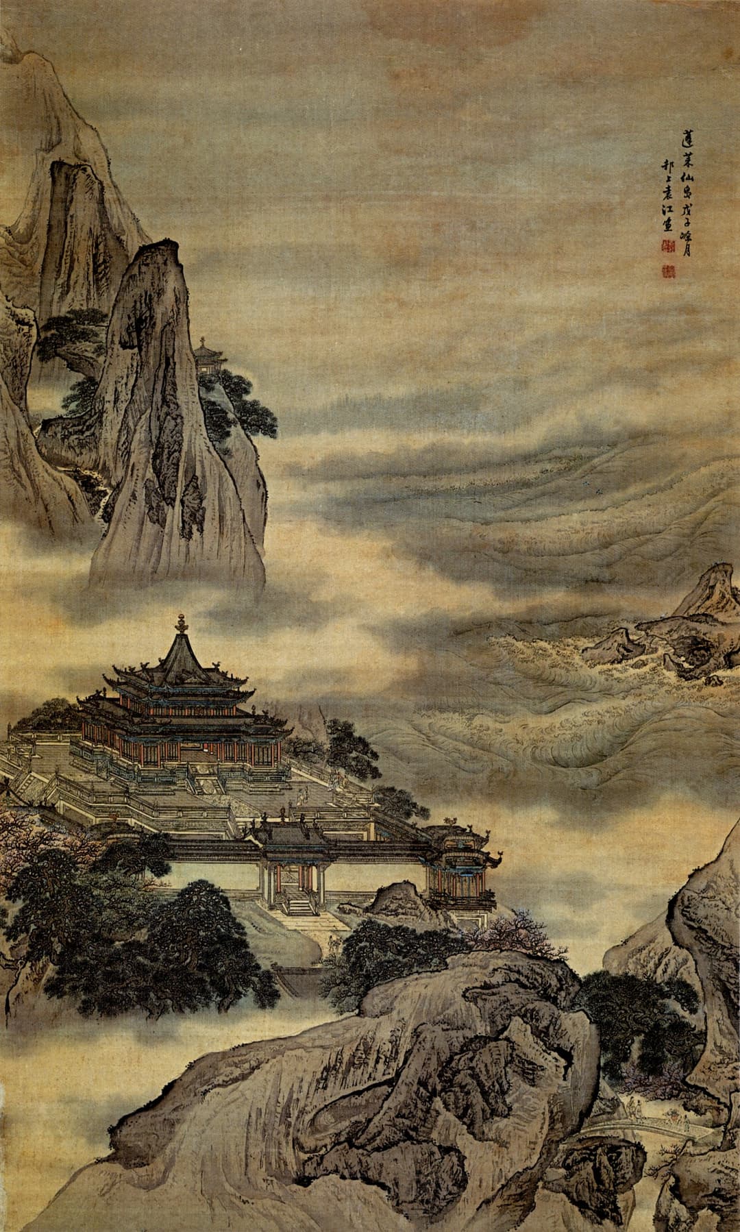 Chinese hanging scroll painting of mythical pavilions at Mount Penglai.