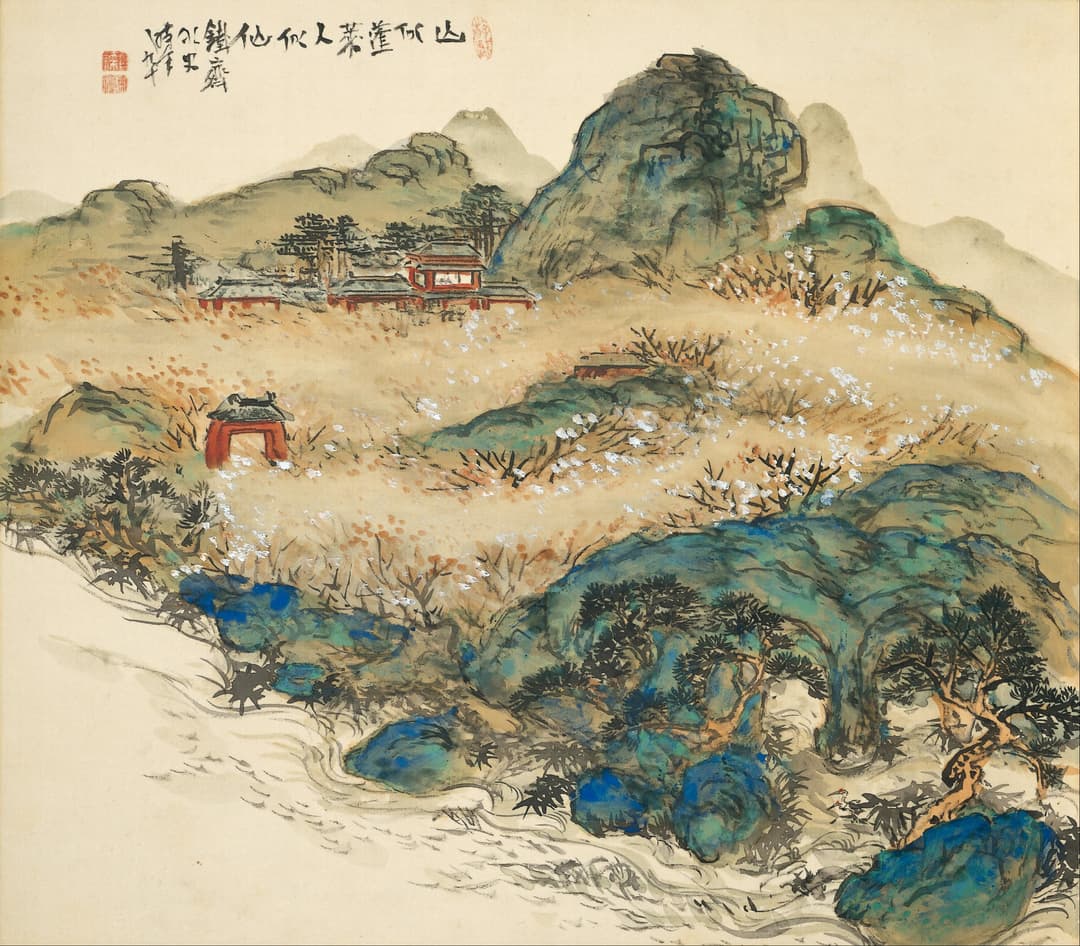 Traditional Chinese painting depicting pavilions on Mount Penglai by the sea