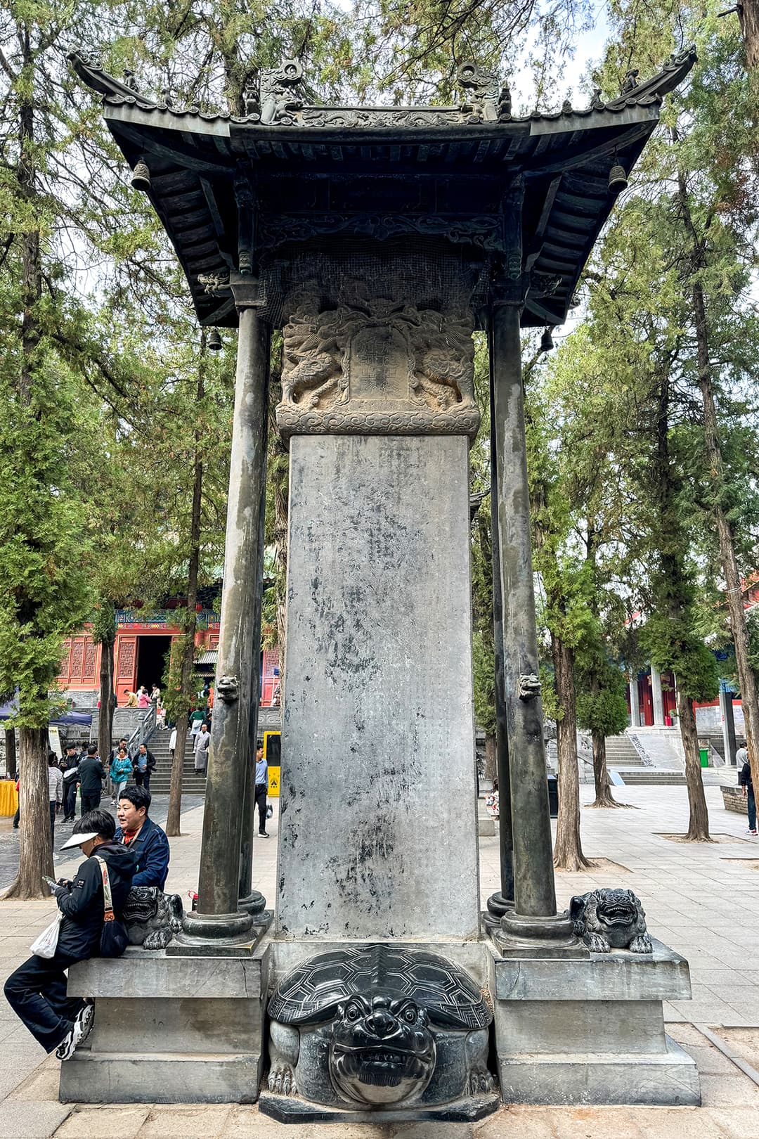 Front view of a bixi-borne stone stele under a pavilion in the courtyard.